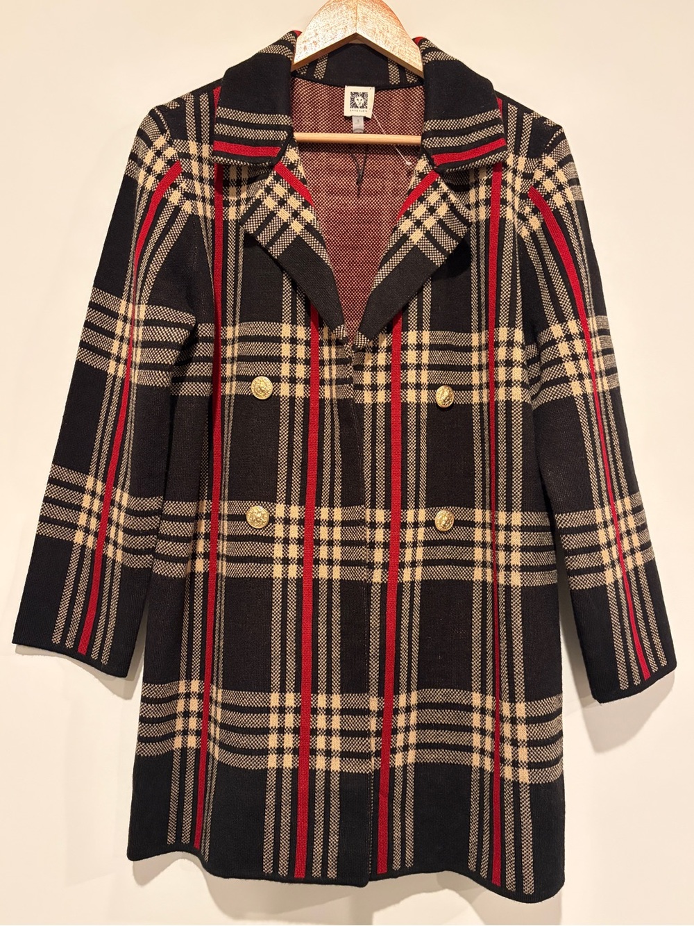 Anne Klein Size S Black Double Breasted Plaid Knit Blazer Cardigan Sweater Coat